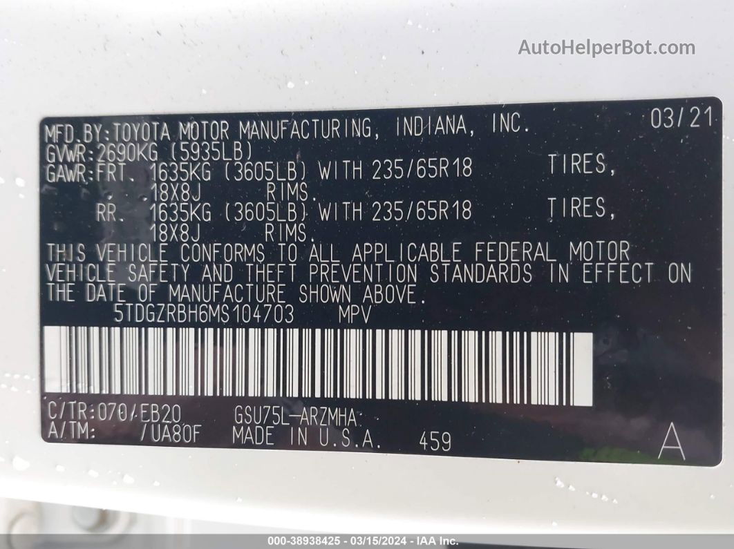 2021 Toyota Highlander Xle White vin: 5TDGZRBH6MS104703