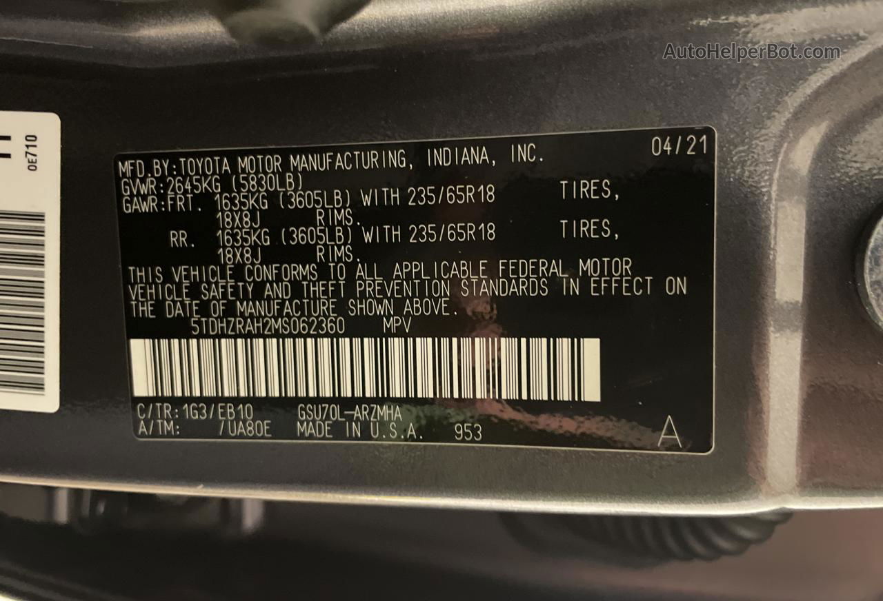 2021 Toyota Highlander Xle Gray vin: 5TDHZRAH2MS062360