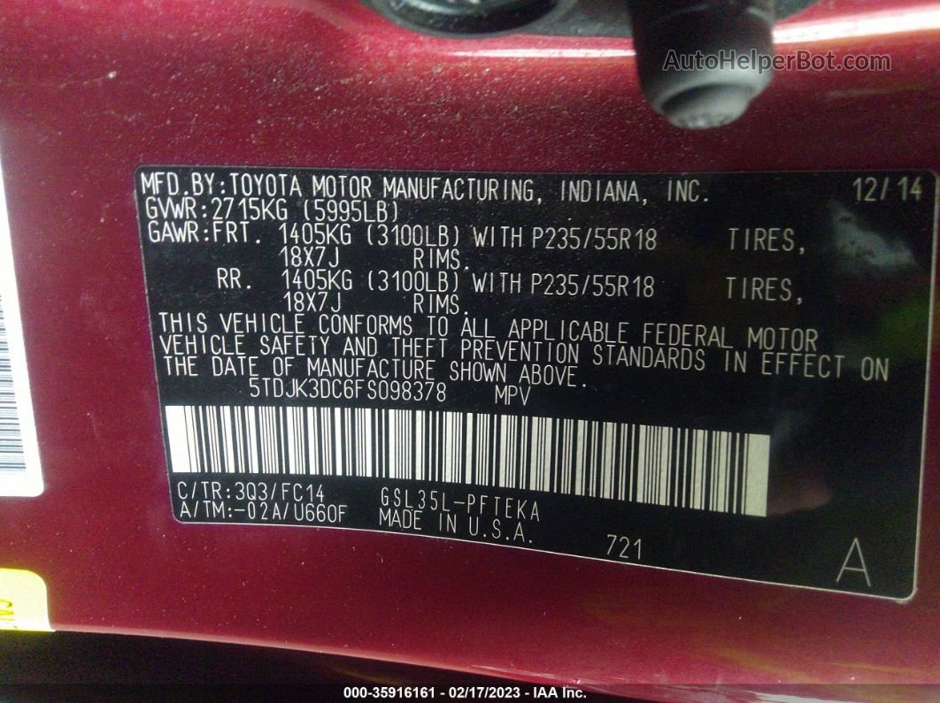 2015 Toyota Sienna Le Красный vin: 5TDJK3DC6FS098378
