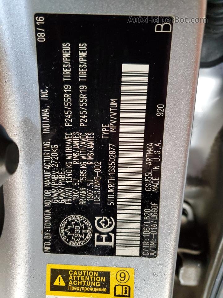 2016 Toyota Highlander Xle Silver vin: 5TDJKRFH1GS502877