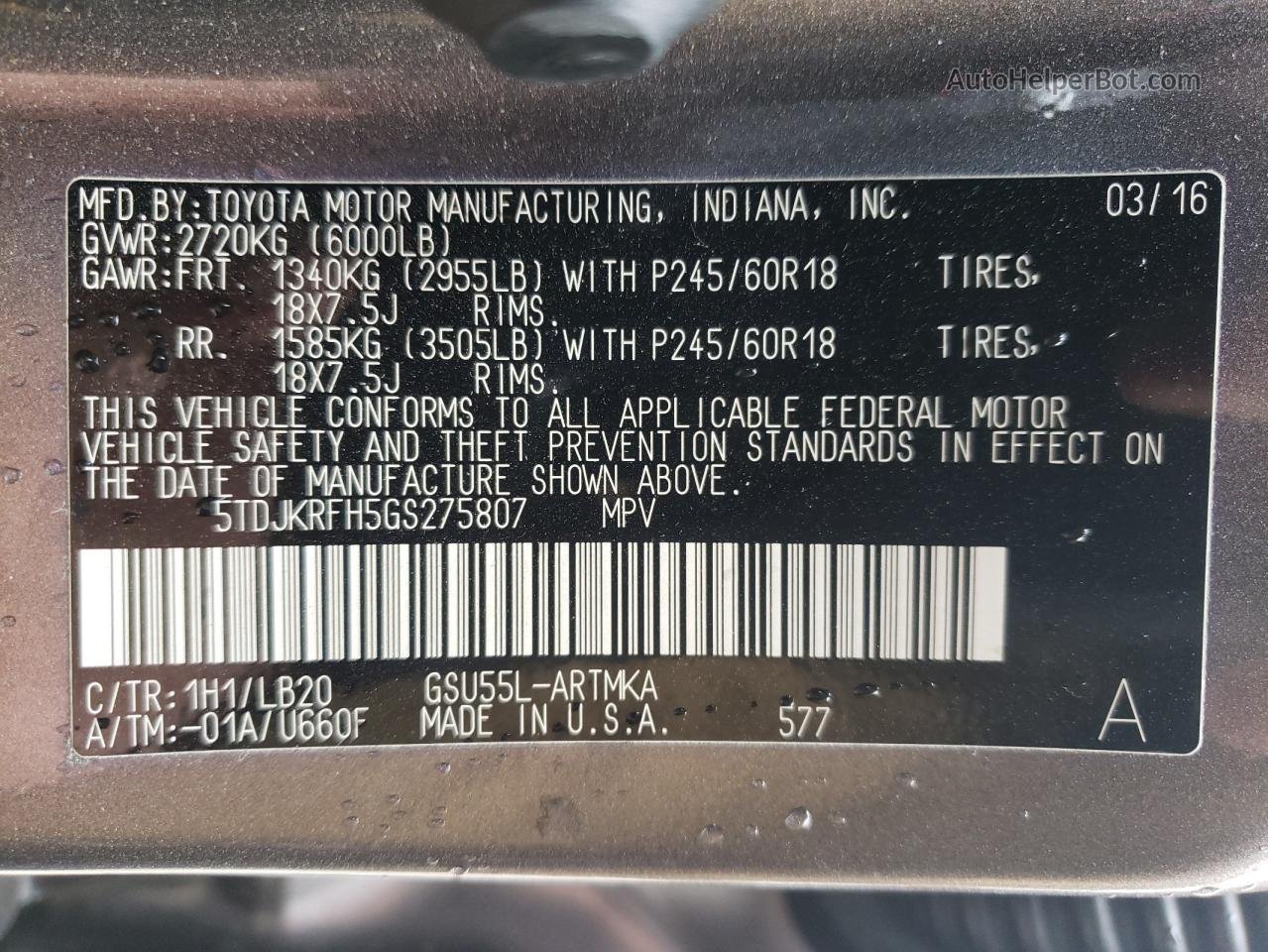 2016 Toyota Highlander Xle Серый vin: 5TDJKRFH5GS275807