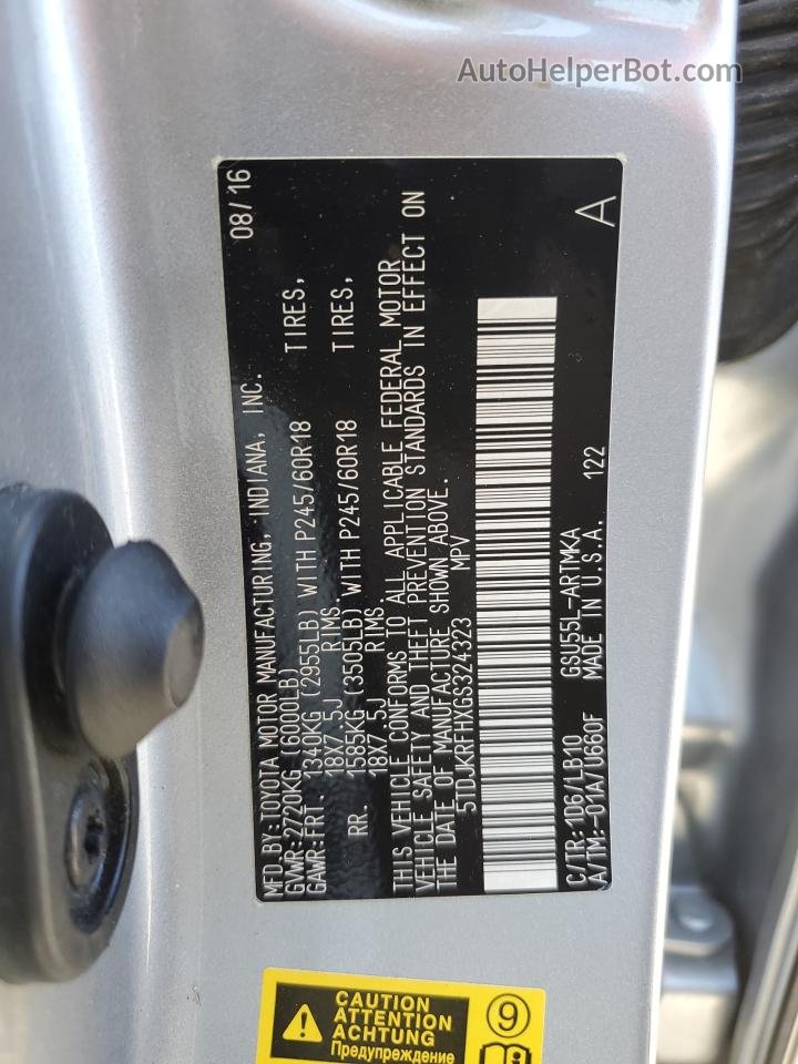 2016 Toyota Highlander Xle Silver vin: 5TDJKRFHXGS324323