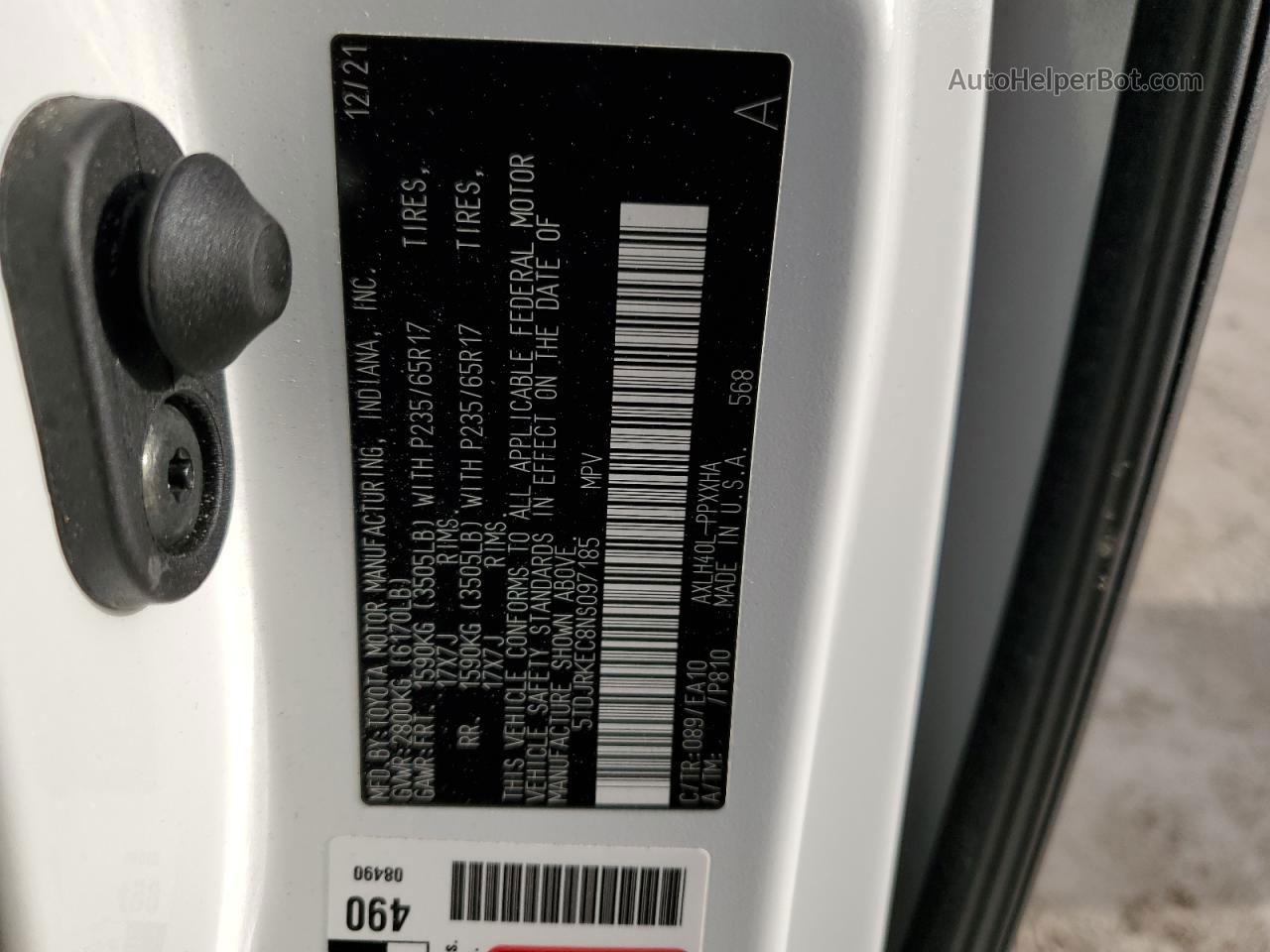 2022 Toyota Sienna Xle Белый vin: 5TDJRKEC8NS097185