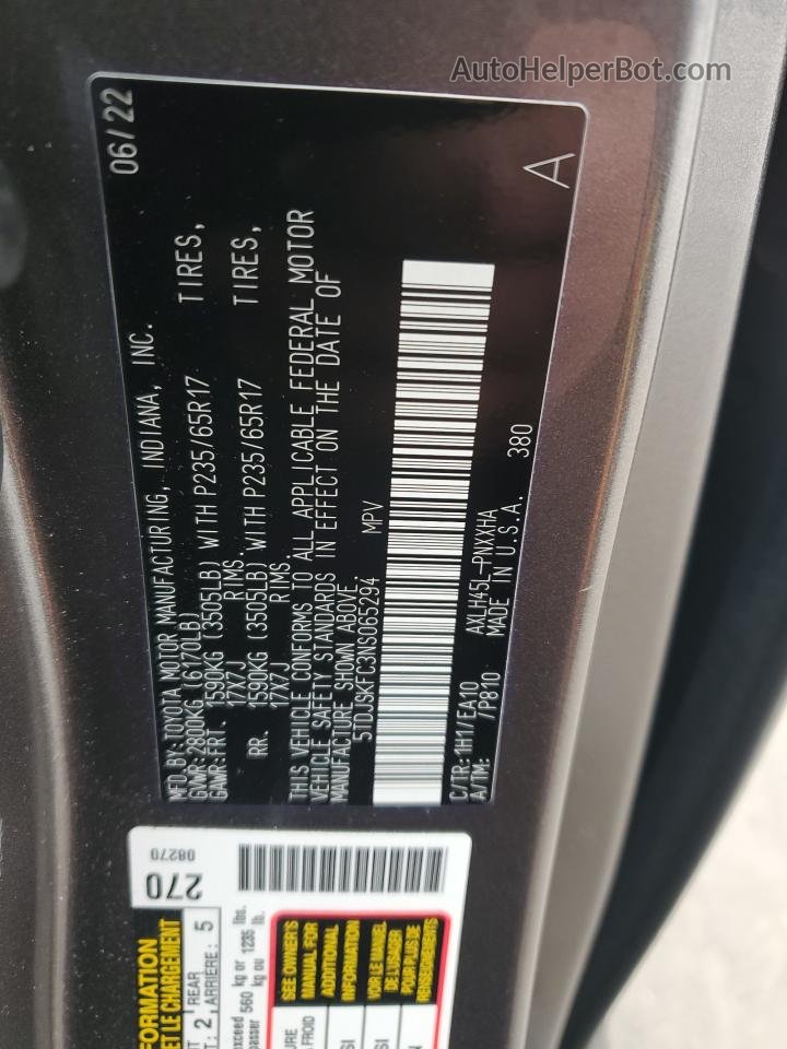 2022 Toyota Sienna Xle Серый vin: 5TDJSKFC3NS065294