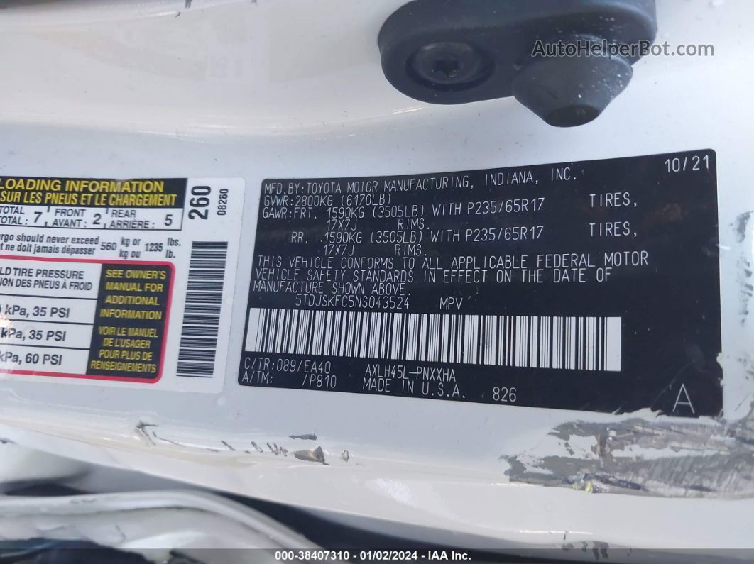 2022 Toyota Sienna Xle Белый vin: 5TDJSKFC5NS043524