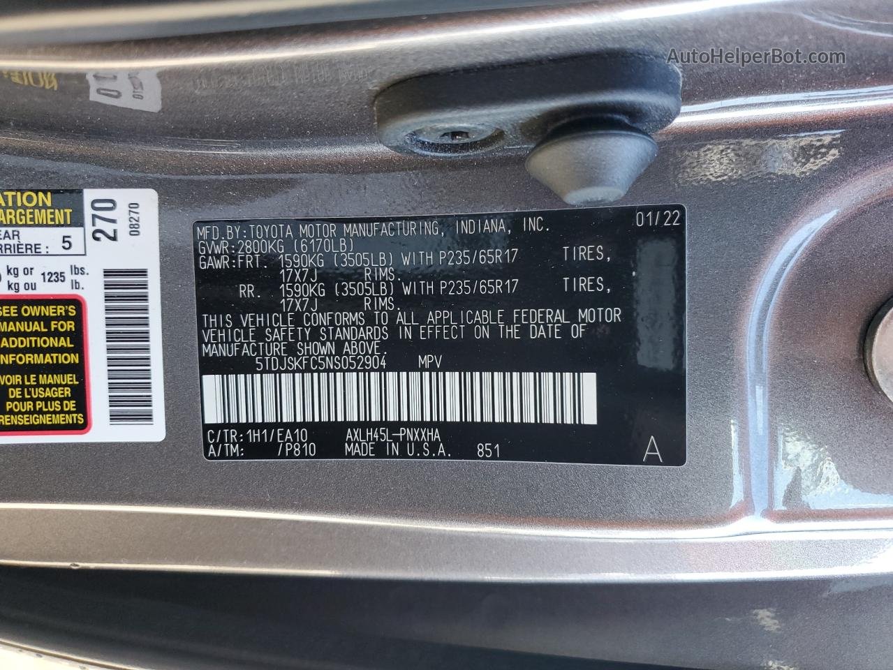 2022 Toyota Sienna Xle Charcoal vin: 5TDJSKFC5NS052904