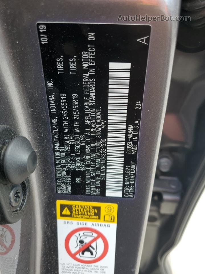 2019 Toyota Highlander Se Gray vin: 5TDJZRFH0KS621590
