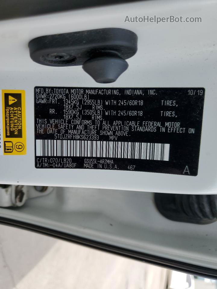 2019 Toyota Highlander Se White vin: 5TDJZRFH8KS623393