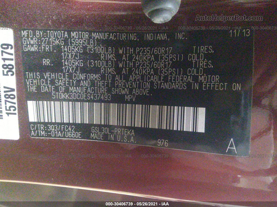 2014 Toyota Sienna Le Maroon vin: 5TDKK3DC0ES437493