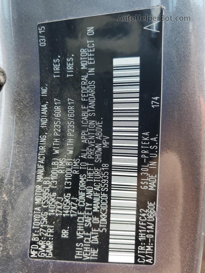 2015 Toyota Sienna Le Серый vin: 5TDKK3DC0FS593518