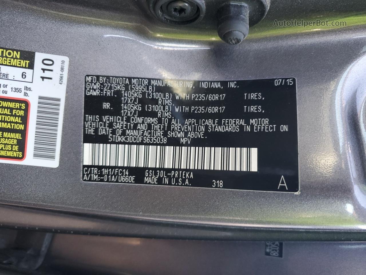2015 Toyota Sienna Le Серый vin: 5TDKK3DC0FS635038