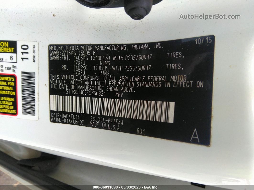 2015 Toyota Sienna Le Белый vin: 5TDKK3DC5FS666821
