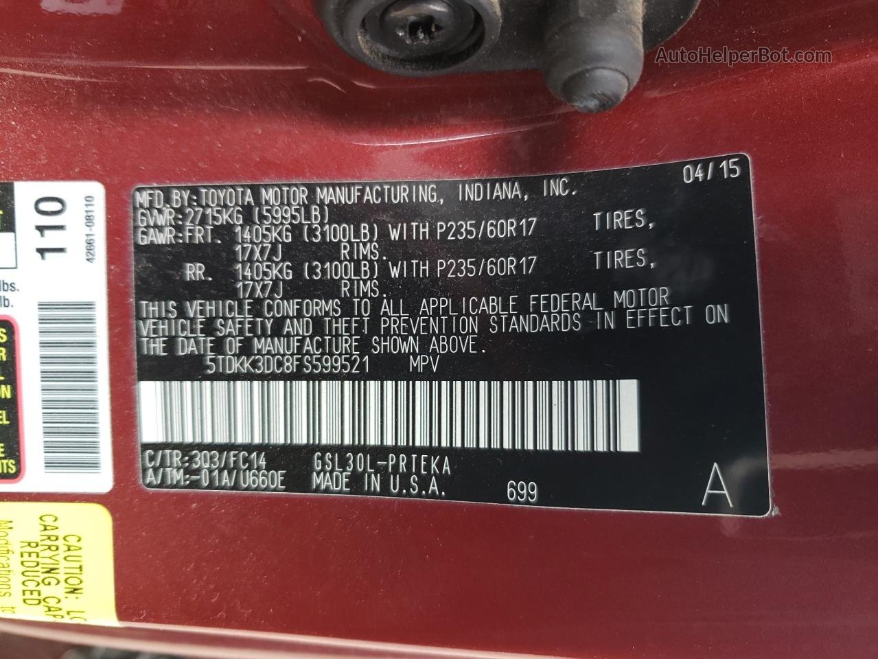 2015 Toyota Sienna Le Красный vin: 5TDKK3DC8FS599521