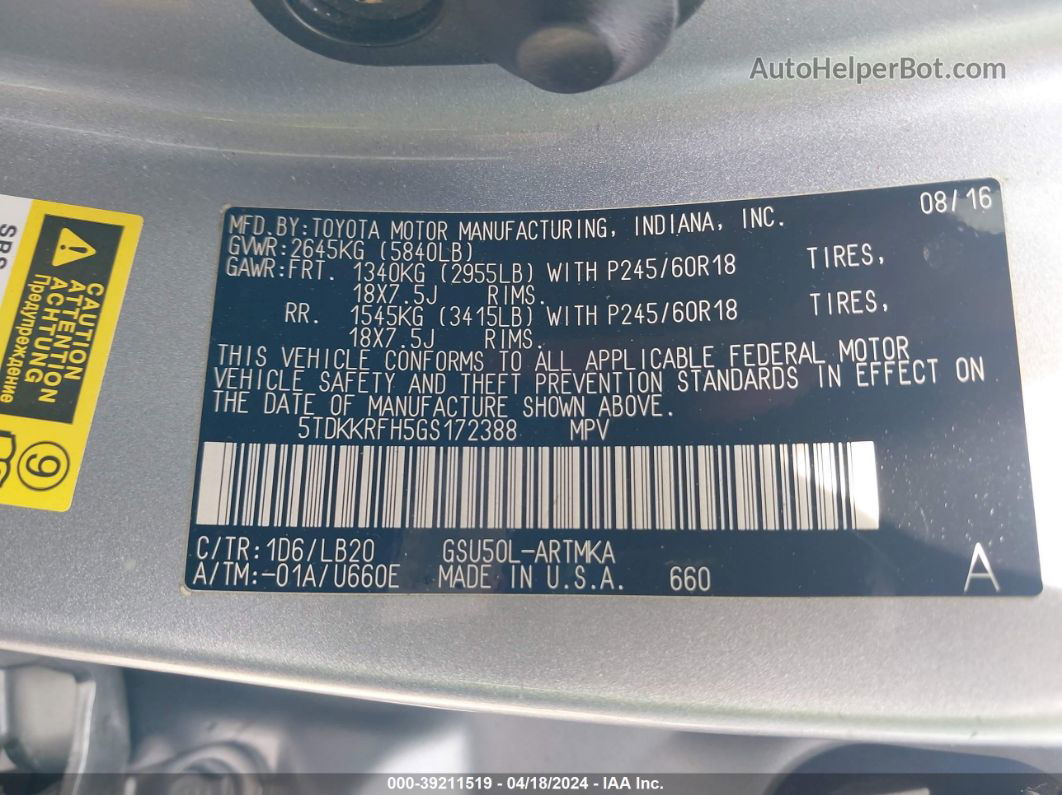 2016 Toyota Highlander Xle V6 Серебряный vin: 5TDKKRFH5GS172388