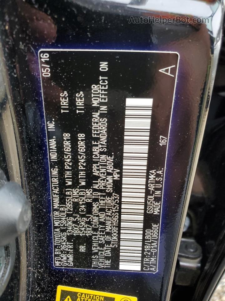 2016 Toyota Highlander Xle Black vin: 5TDKKRFH9GS157537