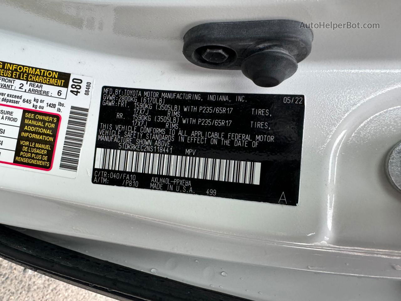 2022 Toyota Sienna Le White vin: 5TDKRKEC2NS118441