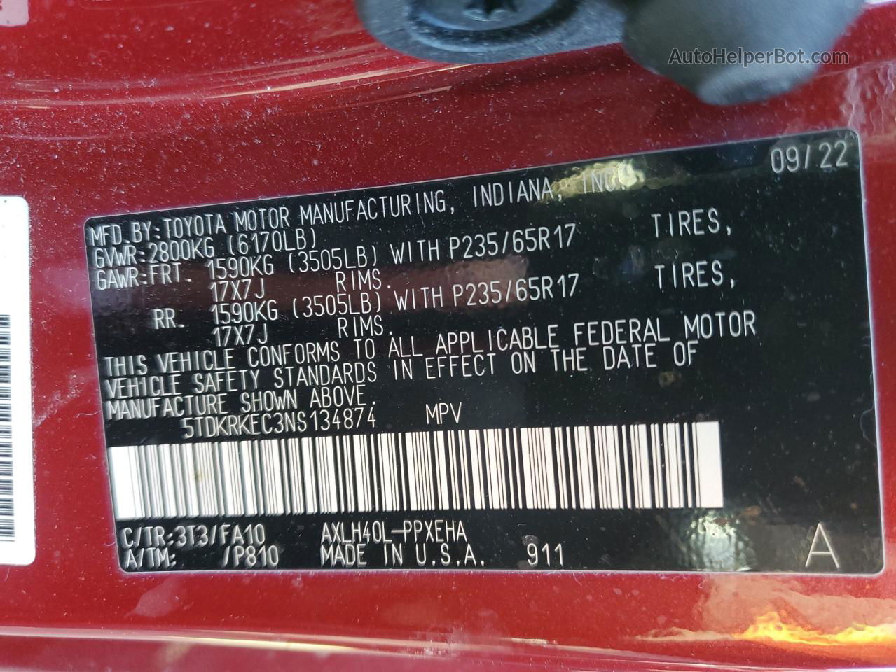 2022 Toyota Sienna Le Burgundy vin: 5TDKRKEC3NS134874