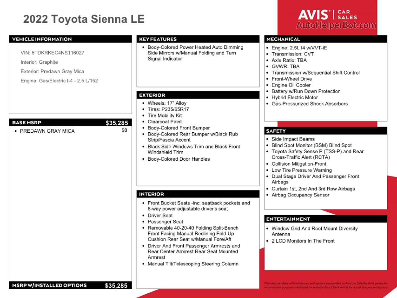 2022 Toyota Sienna Le Gray vin: 5TDKRKEC4NS116027