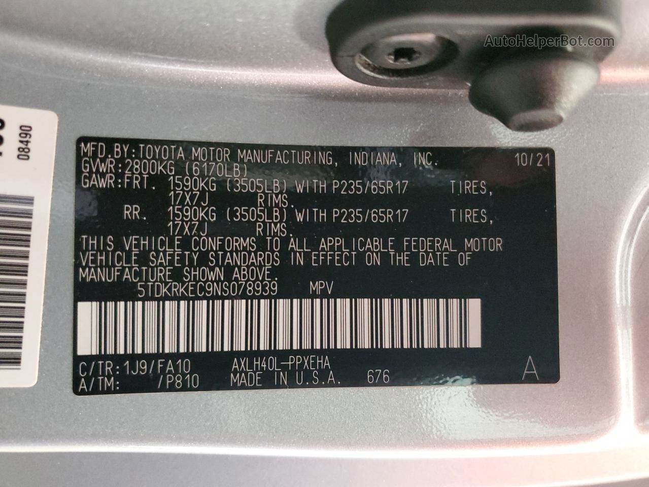 2022 Toyota Sienna Le Silver vin: 5TDKRKEC9NS078939