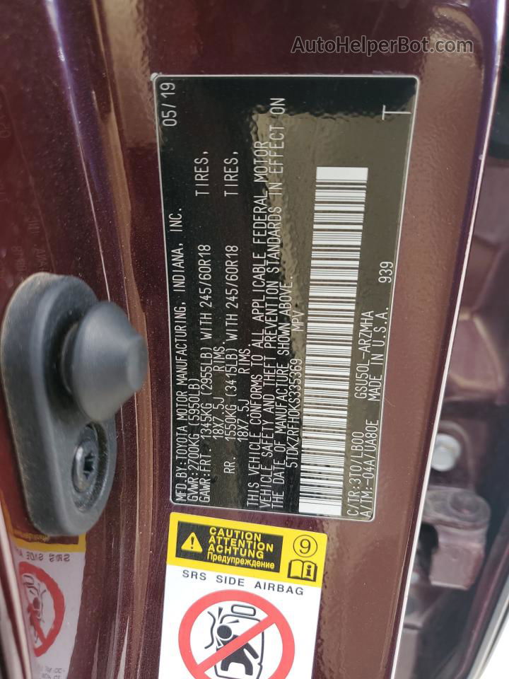 2019 Toyota Highlander Se Бордовый vin: 5TDKZRFH0KS335369