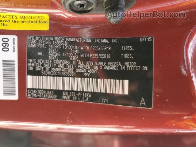2015 Toyota Sienna Xle Бордовый vin: 5TDYK3DC1FS635351