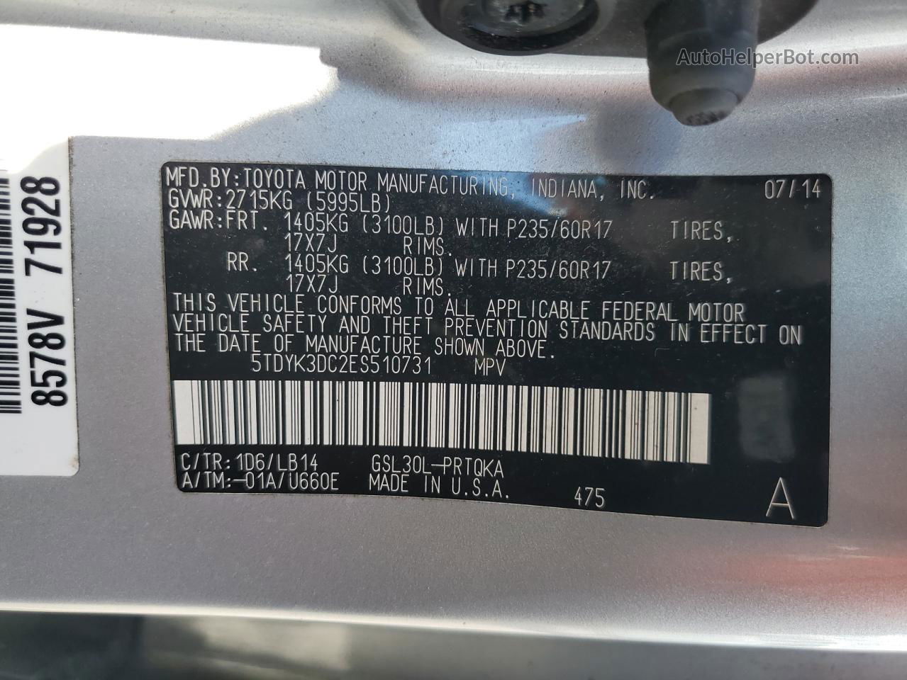 2014 Toyota Sienna Xle Silver vin: 5TDYK3DC2ES510731