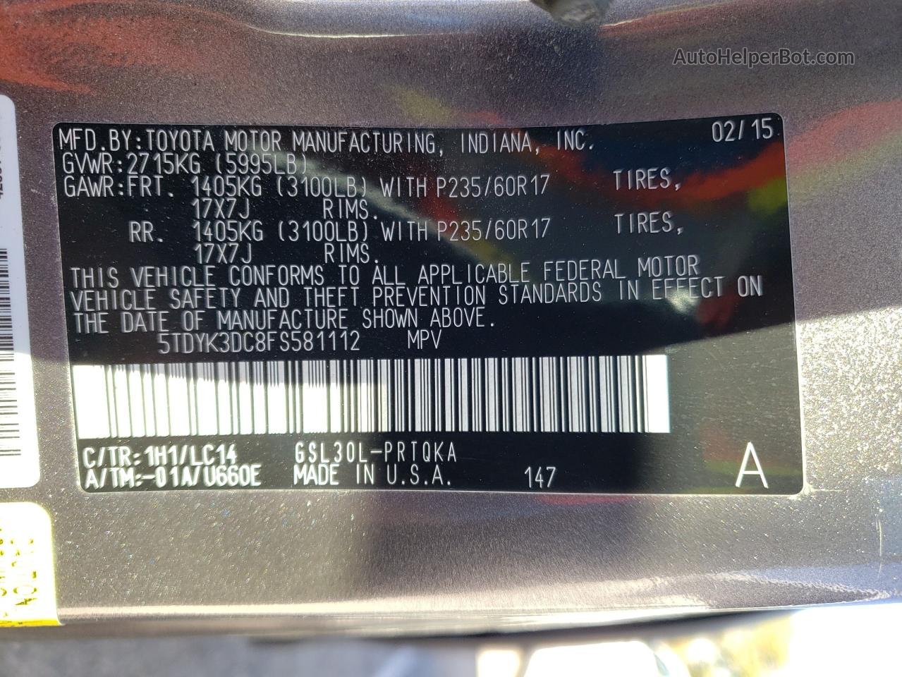 2015 Toyota Sienna Xle Gray vin: 5TDYK3DC8FS581112