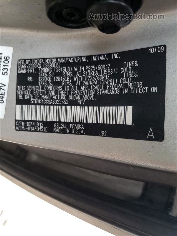 2010 Toyota Sienna Xle Silver vin: 5TDYK4CC9AS323553