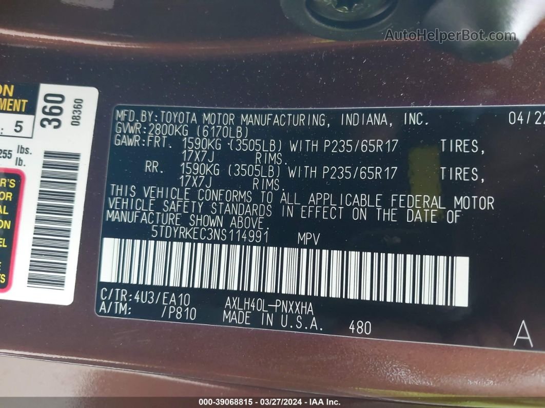 2022 Toyota Sienna Xle Brown vin: 5TDYRKEC3NS114991