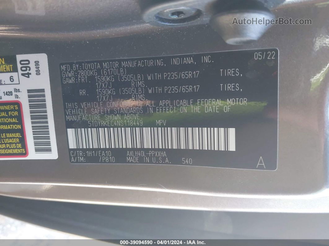 2022 Toyota Sienna Xle Gray vin: 5TDYRKEC4NS118449