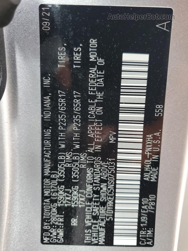 2022 Toyota Sienna Xle Silver vin: 5TDYRKEC5NS075031