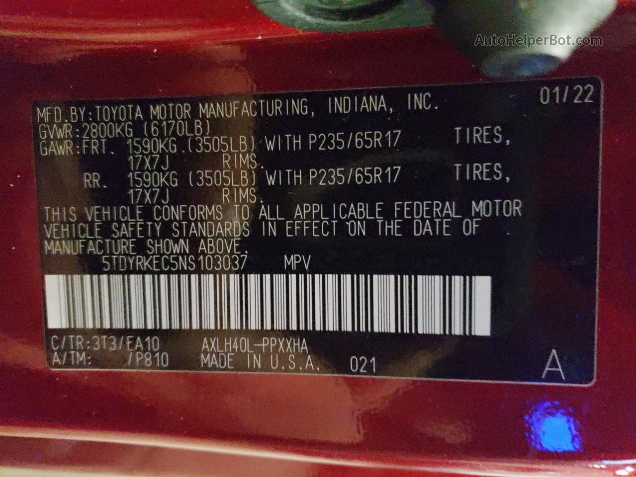 2022 Toyota Sienna Xle Красный vin: 5TDYRKEC5NS103037