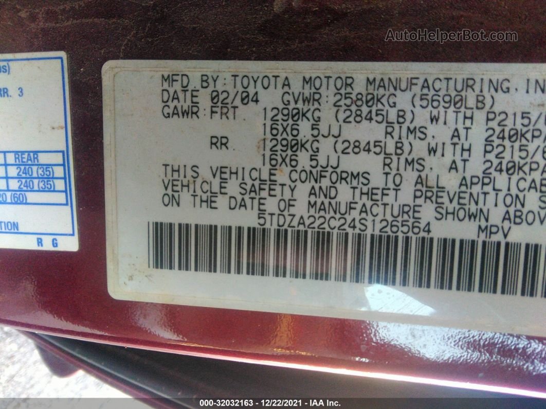 2004 Toyota Sienna Xle Maroon vin: 5TDZA22C24S126564