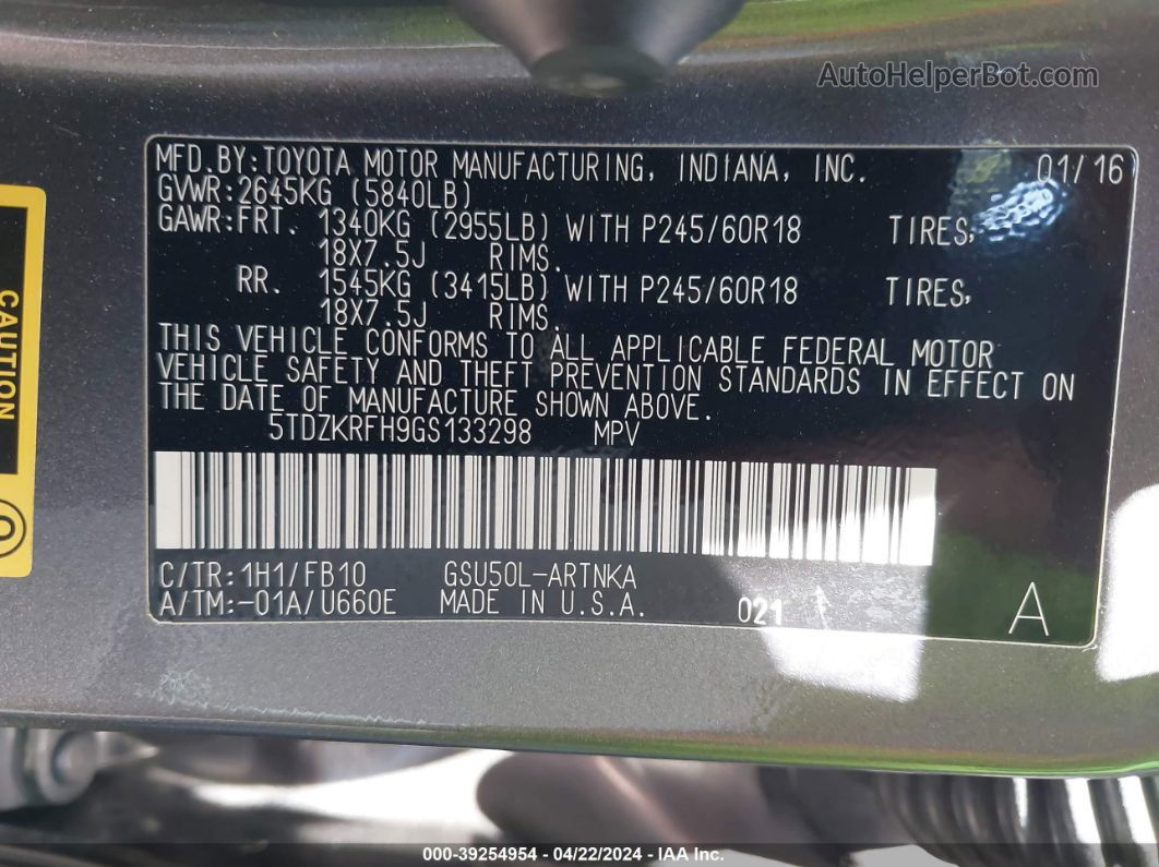 2016 Toyota Highlander Le V6 Gray vin: 5TDZKRFH9GS133298