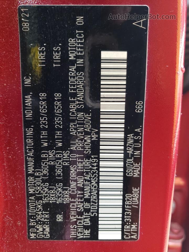 2021 Toyota Highlander L Красный vin: 5TDZZRAH5MS534491