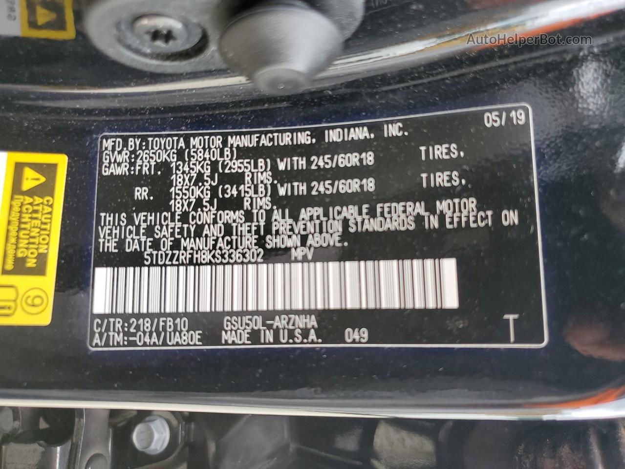 2019 Toyota Highlander Le Black vin: 5TDZZRFH8KS336302