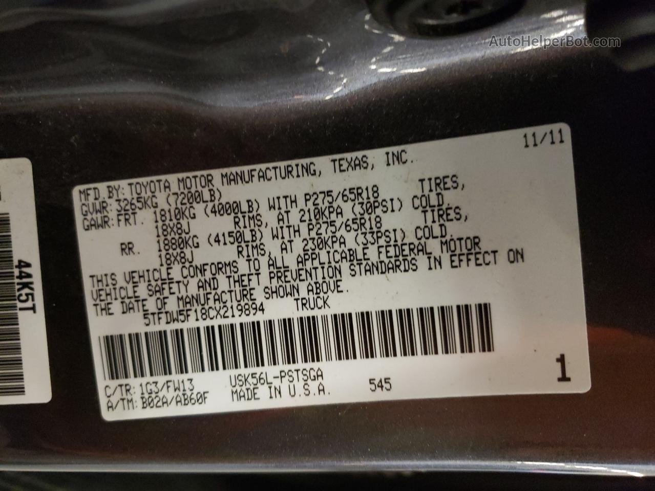 2012 Toyota Tundra Crewmax Sr5 Серый vin: 5TFDW5F18CX219894