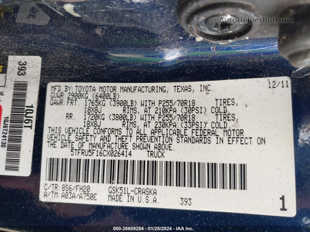 2012 Toyota Tundra Grade V6 Blue vin: 5TFRU5F16CX026414