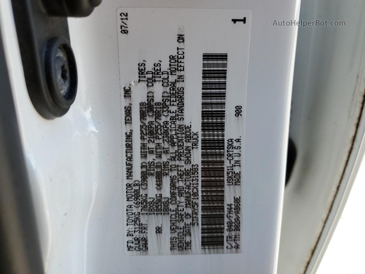 2012 Toyota Tundra Double Cab Sr5 Белый vin: 5TFRY5F10CX131583