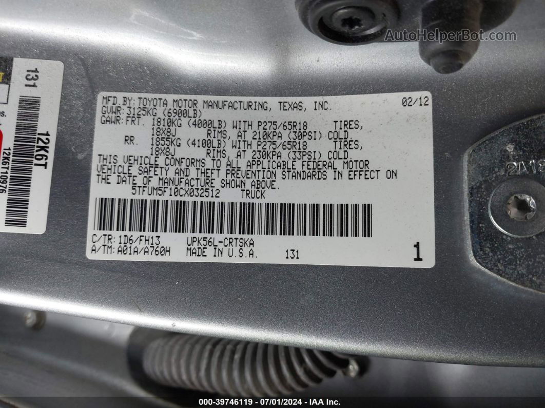 2012 Toyota Tundra Grade 4.6l V8 Silver vin: 5TFUM5F10CX032512