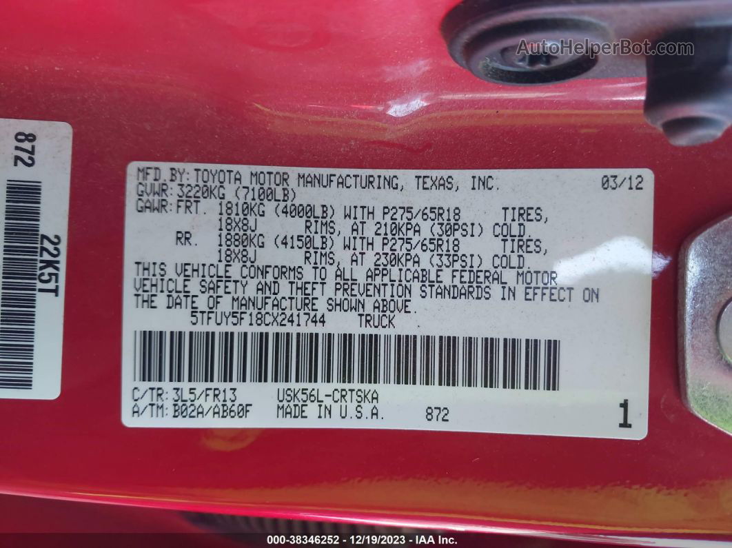 2012 Toyota Tundra Grade 5.7l V8 Red vin: 5TFUY5F18CX241744