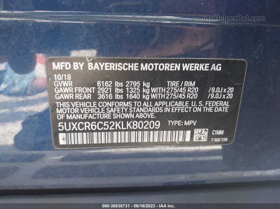 2019 Bmw X5 Xdrive40i Blue vin: 5UXCR6C52KLK80209