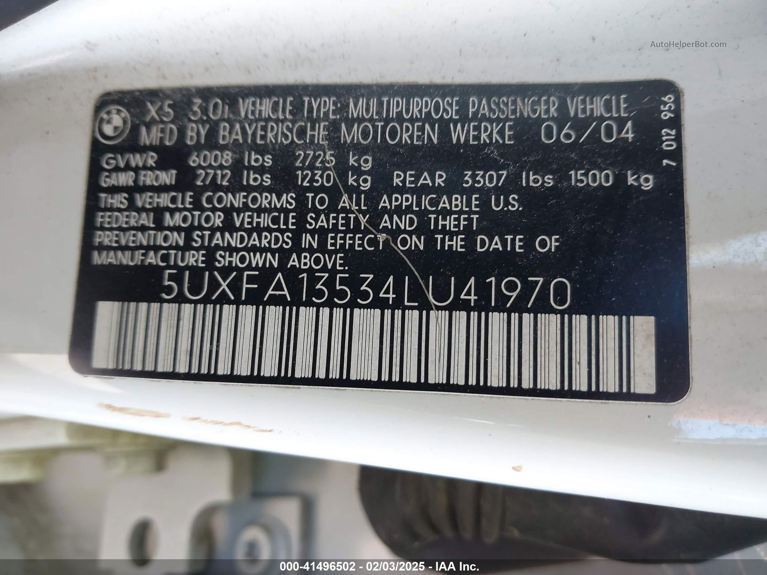 2004 Bmw X5 3.0i White vin: 5UXFA13534LU41970