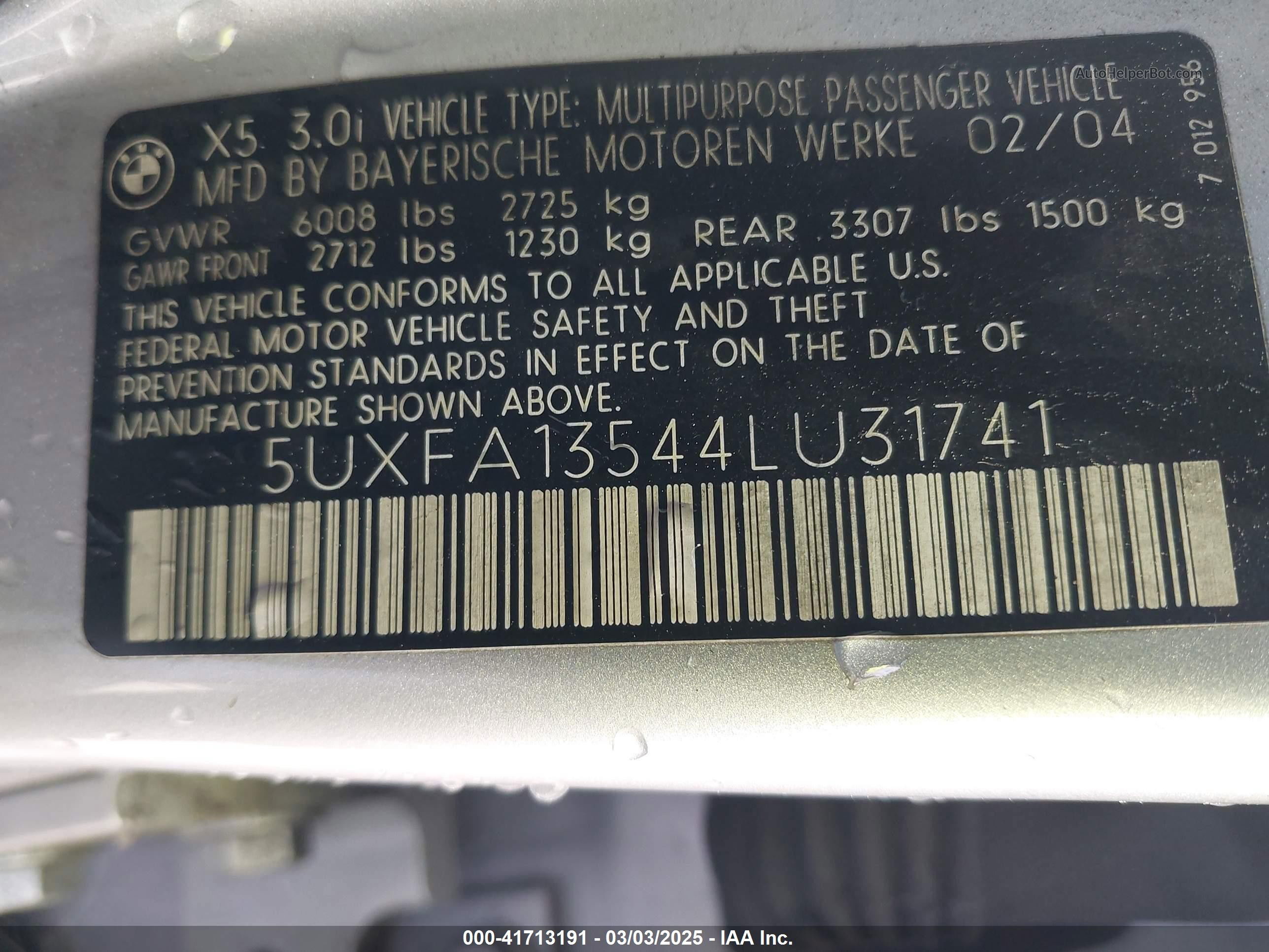 2004 Bmw X5 3.0i Silver vin: 5UXFA13544LU31741