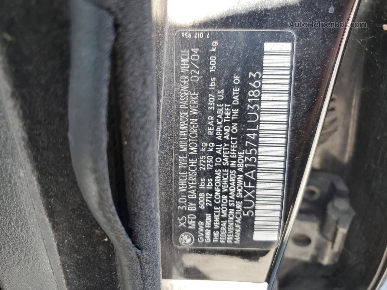 2004 Bmw X5 3.0i Black vin: 5UXFA13574LU31863
