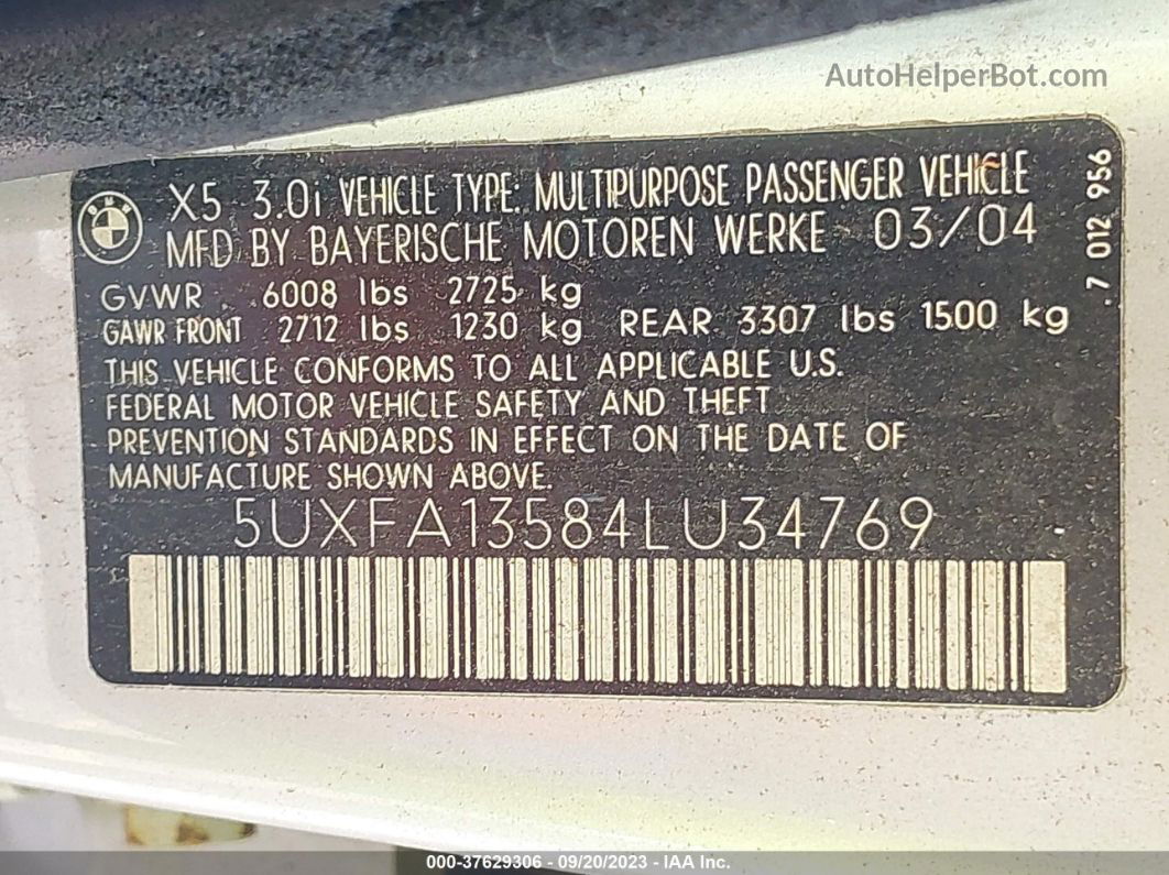 2004 Bmw X5 3.0i Серебряный vin: 5UXFA13584LU34769