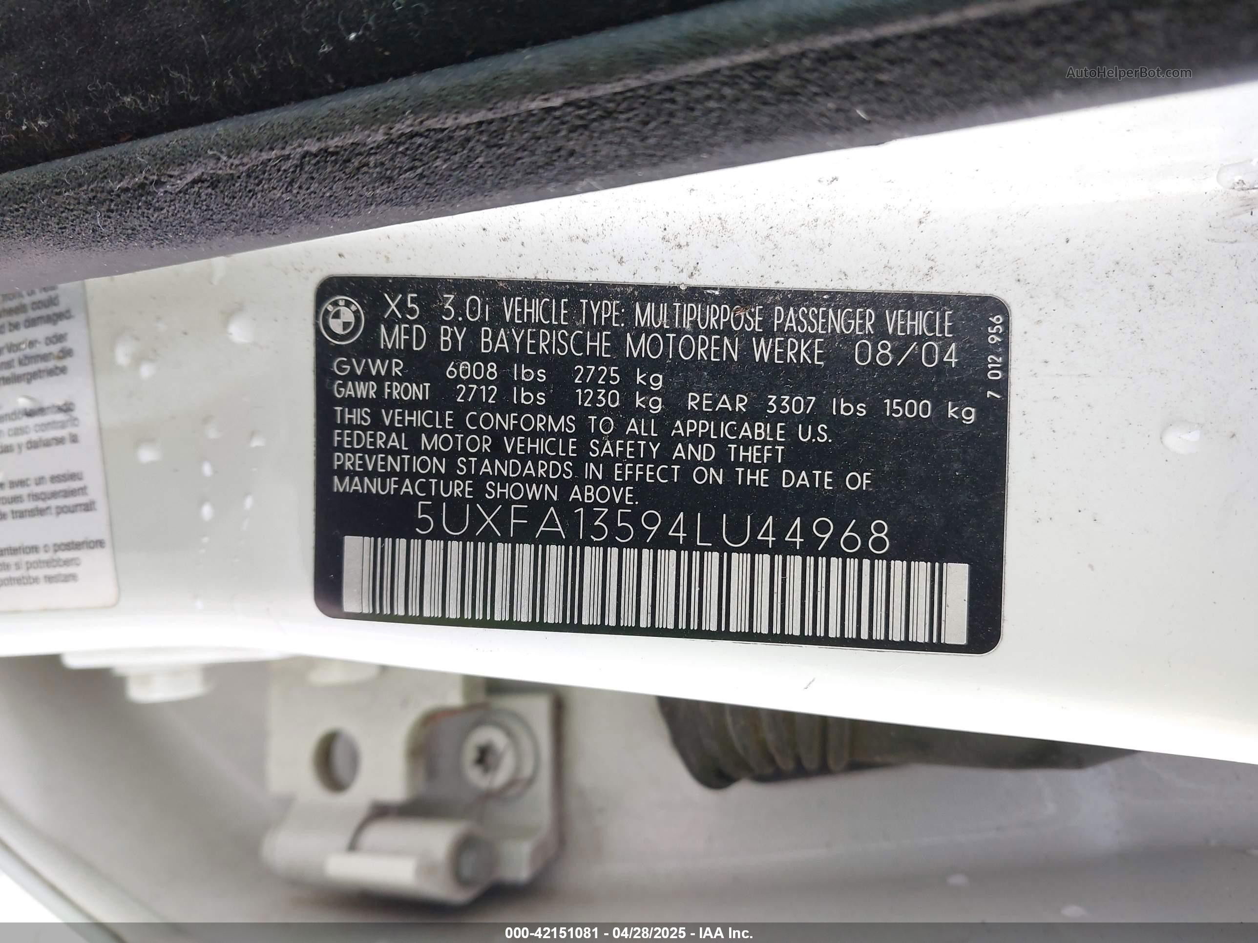 2004 Bmw X5 3.0i White vin: 5UXFA13594LU44968