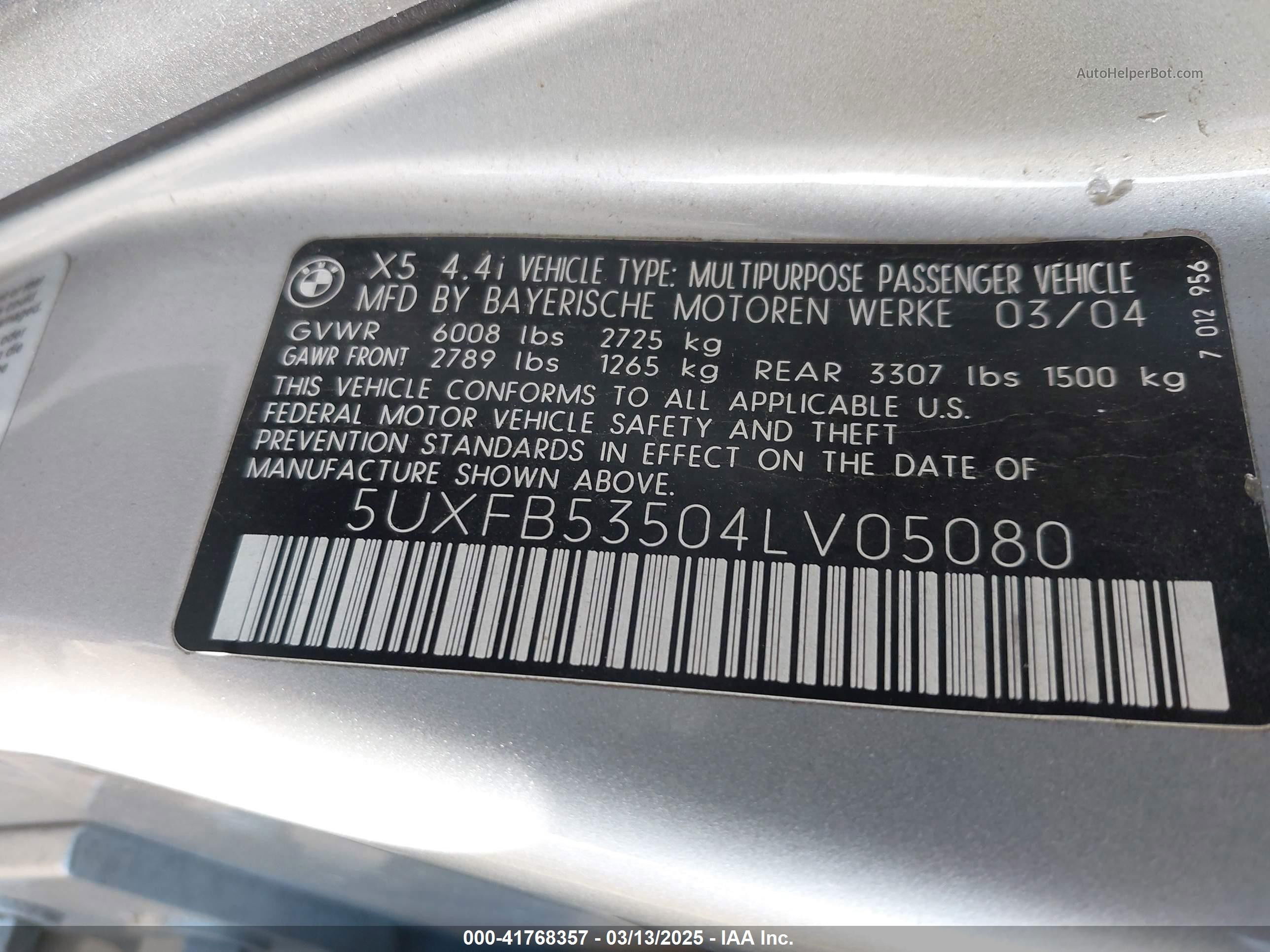 2004 Bmw X5 4.4i Silver vin: 5UXFB53504LV05080