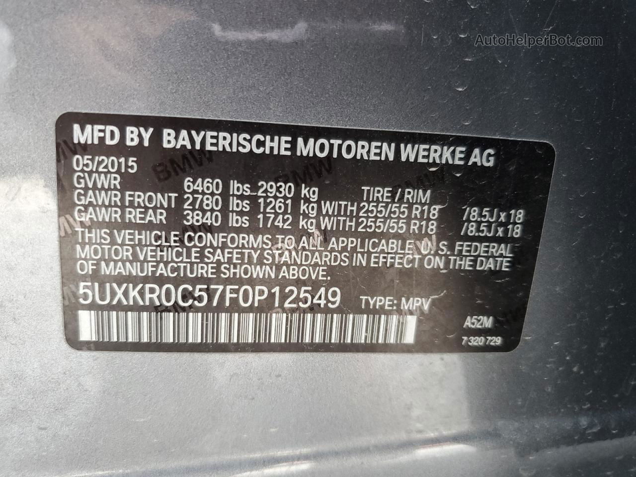 2015 Bmw X5 Xdrive35i Угольный vin: 5UXKR0C57F0P12549