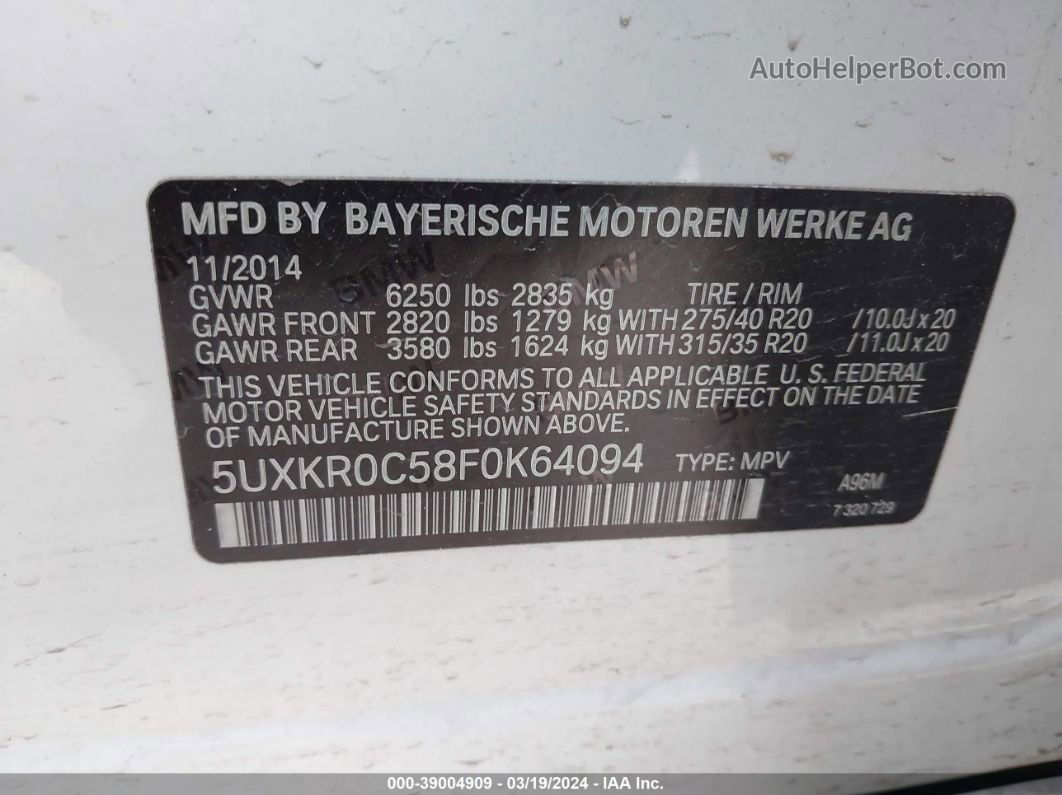 2015 Bmw X5 Xdrive35i Белый vin: 5UXKR0C58F0K64094